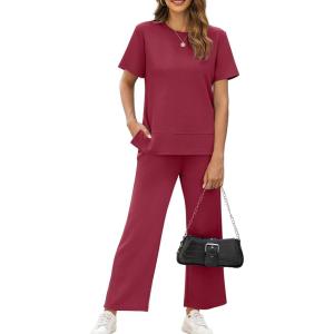 XIEERDUO Women’s Side Slit Lounge Sets 2026 Fashion 2 Piece Travel Outfits Cozy Loungewear Wide Leg Tracksuits S-3XL(Red)