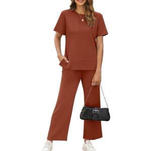 XIEERDUO Women’s Side Slit Lounge Sets 2026 Fashion 2 Piece Travel Outfits Cozy Loungewear Wide Leg Tracksuits S-3XL(Rust)