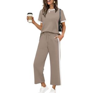XIEERDUO Women’s Side Slit Lounge Sets 2026 Fashion 2 Piece Travel Outfits Cozy Loungewear Wide Leg Tracksuits S-3XL(Stripe Khaki)