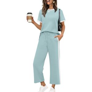 XIEERDUO Women’s Side Slit Lounge Sets 2026 Fashion 2 Piece Travel Outfits Cozy Loungewear Wide Leg Tracksuits S-3XL(Stripe Turquoise)