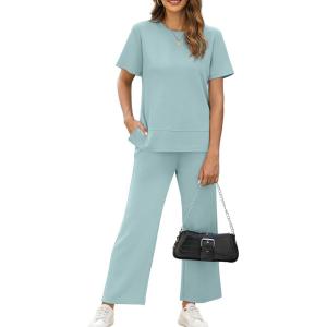 XIEERDUO Women’s Side Slit Lounge Sets 2026 Fashion 2 Piece Travel Outfits Cozy Loungewear Wide Leg Tracksuits S-3XL(Turquoise)