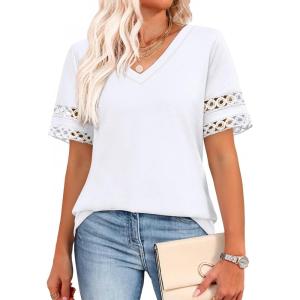XIEERDUO Womens Summer Tops Dressy Casual Blouses for Women V Neck Short Sleeve Shirts Fashion Clothes Curved Hem Flowy(A White)