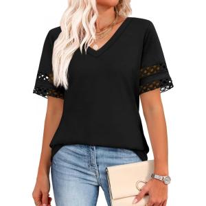 XIEERDUO Womens Summer Tops Dressy Casual Blouses for Women V Neck Short Sleeve Shirts Fashion Clothes Curved Hem Flowy(Black)