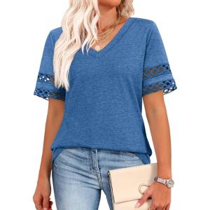 XIEERDUO Womens Summer Tops Dressy Casual Blouses for Women V Neck Short Sleeve Shirts Fashion Clothes Curved Hem Flowy(Blue)