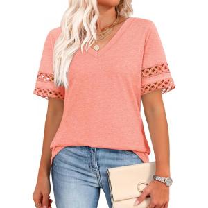 XIEERDUO Womens Summer Tops Dressy Casual Blouses for Women V Neck Short Sleeve Shirts Fashion Clothes Curved Hem Flowy(Coral)