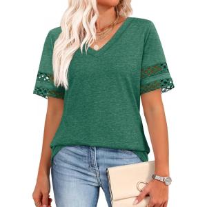 XIEERDUO Womens Summer Tops Dressy Casual Blouses for Women V Neck Short Sleeve Shirts Fashion Clothes Curved Hem Flowy(Green)