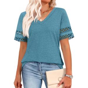 XIEERDUO Womens Summer Tops Dressy Casual Blouses for Women V Neck Short Sleeve Shirts Fashion Clothes Curved Hem Flowy(Turquoise)