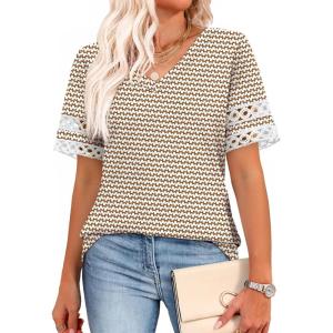 XIEERDUO Womens Summer Tops Dressy Casual Blouses for Women V Neck Short Sleeve Shirts Fashion Clothes Curved Hem Flowy(Z Brown Geometry)