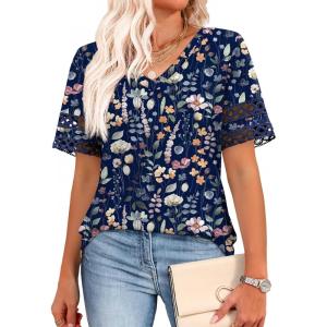 XIEERDUO Womens Summer Tops Dressy Casual Blouses for Women V Neck Short Sleeve Shirts Fashion Clothes Curved Hem Flowy(Z Navy Printed)