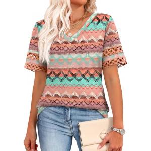 XIEERDUO Womens Summer Tops Dressy Casual Blouses for Women V Neck Short Sleeve Shirts Fashion Clothes Curved Hem Flowy(Z Pink Geometry)