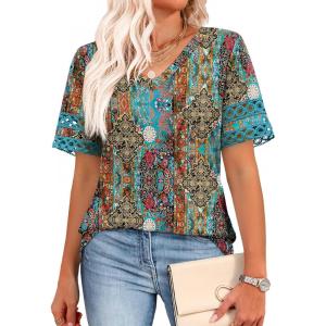 XIEERDUO Womens Summer Tops Dressy Casual Blouses for Women V Neck Short Sleeve Shirts Fashion Clothes Curved Hem Flowy(Z Printed Black)