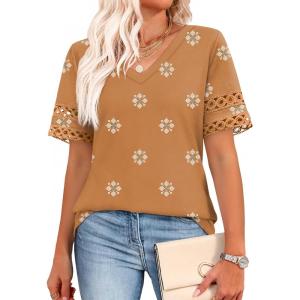 XIEERDUO Womens Summer Tops Dressy Casual Blouses for Women V Neck Short Sleeve Shirts Fashion Clothes Curved Hem Flowy(Z Printed Orange)