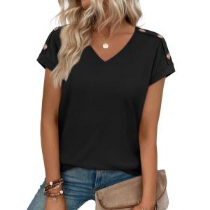 XIEERDUO Womens Summer Tops Short Sleeve Shirts with Buttons V Neck Trendy Tunic Blouses Beach Vacation Clothes(A-black)