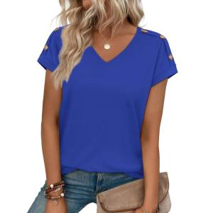 XIEERDUO Womens Summer Tops Short Sleeve Shirts with Buttons V Neck Trendy Tunic Blouses Beach Vacation Clothes(A-blue)