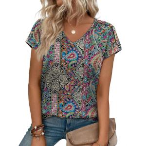 XIEERDUO Womens Summer Tops Short Sleeve Shirts with Buttons V Neck Trendy Tunic Blouses Beach Vacation Clothes(F-boho Paisley)
