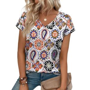 XIEERDUO Womens Summer Tops Short Sleeve Shirts with Buttons V Neck Trendy Tunic Blouses Beach Vacation Clothes(F-boho Tile)