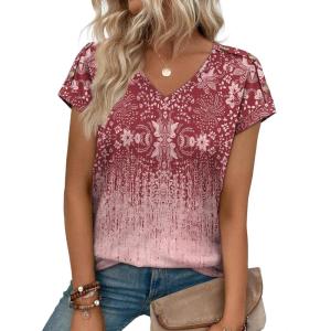 XIEERDUO Womens Summer Tops Short Sleeve Shirts with Buttons V Neck Trendy Tunic Blouses Beach Vacation Clothes(F-gradient Pink)