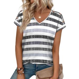 XIEERDUO Womens Summer Tops Short Sleeve Shirts with Buttons V Neck Trendy Tunic Blouses Beach Vacation Clothes(F-gray Stripes)
