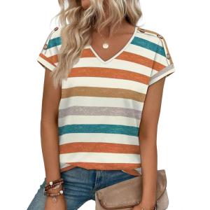 XIEERDUO Womens Summer Tops Short Sleeve Shirts with Buttons V Neck Trendy Tunic Blouses Beach Vacation Clothes(F-vintage Stripe)