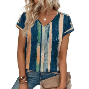 XIEERDUO Womens Summer Tops Short Sleeve Shirts with Buttons V Neck Trendy Tunic Blouses Beach Vacation Clothes(F-watercolor Stripe)