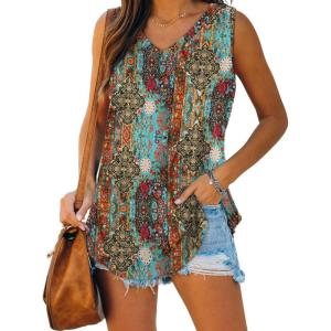 XIEERDUO Womens Tank Tops V Neck Basic Solid Color Casual Flowy Summer Sleeveless(01-boho Floral)