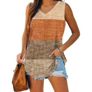 XIEERDUO Womens Tank Tops V Neck Basic Solid Color Casual Flowy Summer Sleeveless(01-brown Stripes)