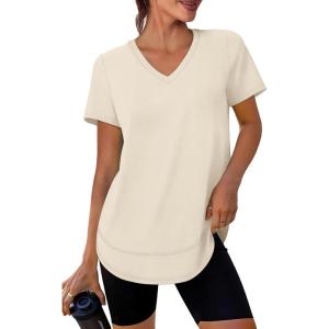 XIEERDUO Womens Workout Tops Short Sleeve Shirts Sun Protection UPF 50+ Quick Dry Outfits for Hiking Running V Neck S-3XL(03 Apricot Cream White)