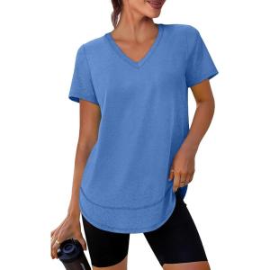 XIEERDUO Womens Workout Tops Short Sleeve Shirts Sun Protection UPF 50+ Quick Dry Outfits for Hiking Running V Neck S-3XL(04 Blue)