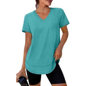 XIEERDUO Womens Workout Tops Short Sleeve Shirts Sun Protection UPF 50+ Quick Dry Outfits for Hiking Running V Neck S-3XL(05 Aqua)