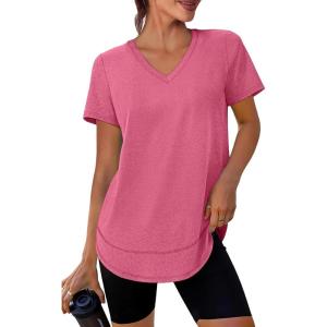 XIEERDUO Womens Workout Tops Short Sleeve Shirts Sun Protection UPF 50+ Quick Dry Outfits for Hiking Running V Neck S-3XL(06 Watermelon Pink)