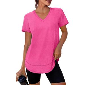 XIEERDUO Womens Workout Tops Short Sleeve Shirts Sun Protection UPF 50+ Quick Dry Outfits for Hiking Running V Neck S-3XL(08 Hot Pink)