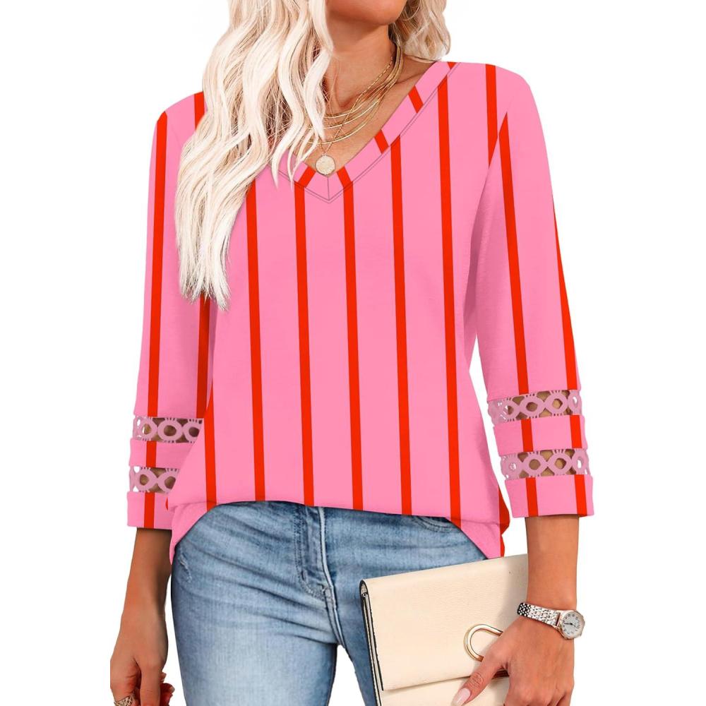 image:imageXIEERDUO 34 Length Sleeve Womens Tops Dressy Casual Blouses for Women 2025 Trendy V Neck T Shirts Summer ClothesZ Pink Printed