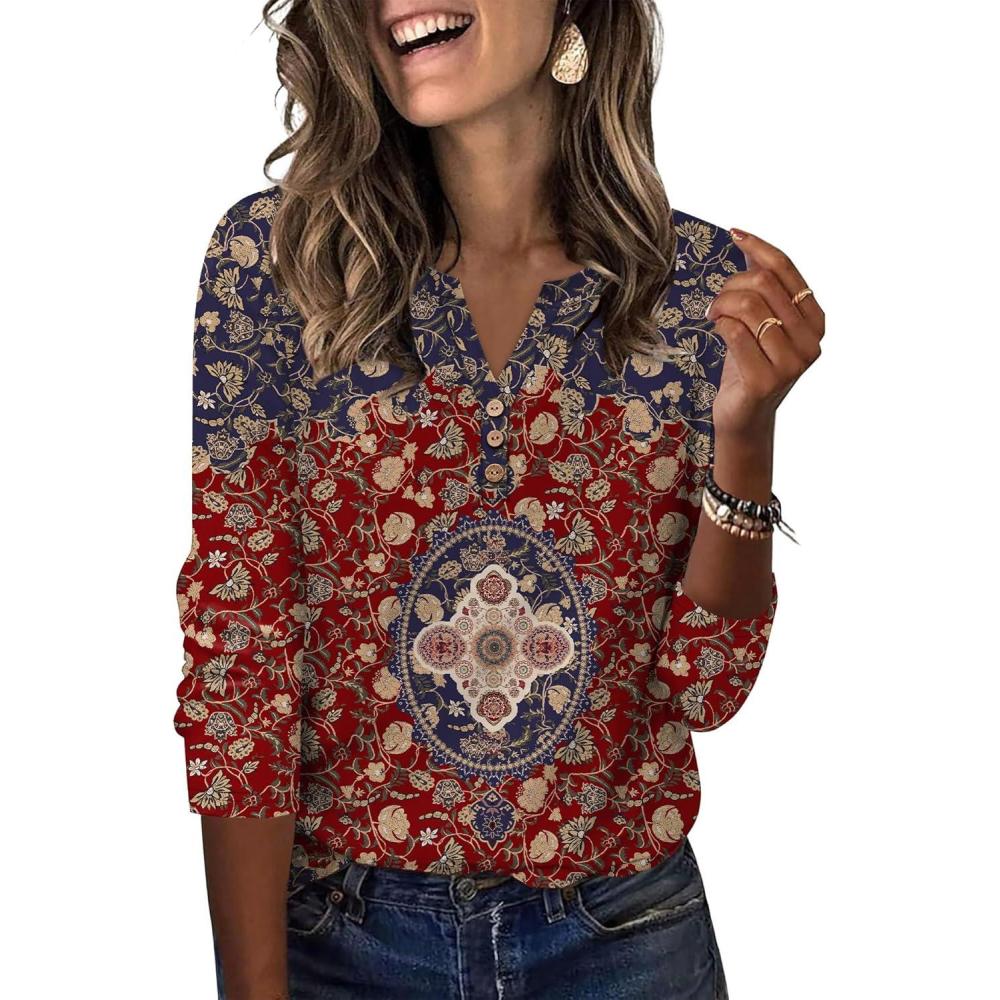 image:imageXIEERDUO 34 Length Sleeve Womens Tops Fashion Clothing V Neck T Shirts Dressy Blouses Business Casual Outfits Tunic TopsIblue Red Print