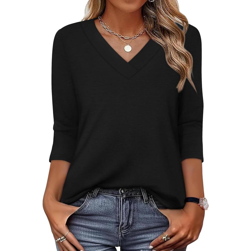 image:imageXIEERDUO 34 Length Sleeve Womens Tops V Neck T Shirts Summer Clothes Basic Blouses Dressy Casual 2026 Spring OutfitsBlack