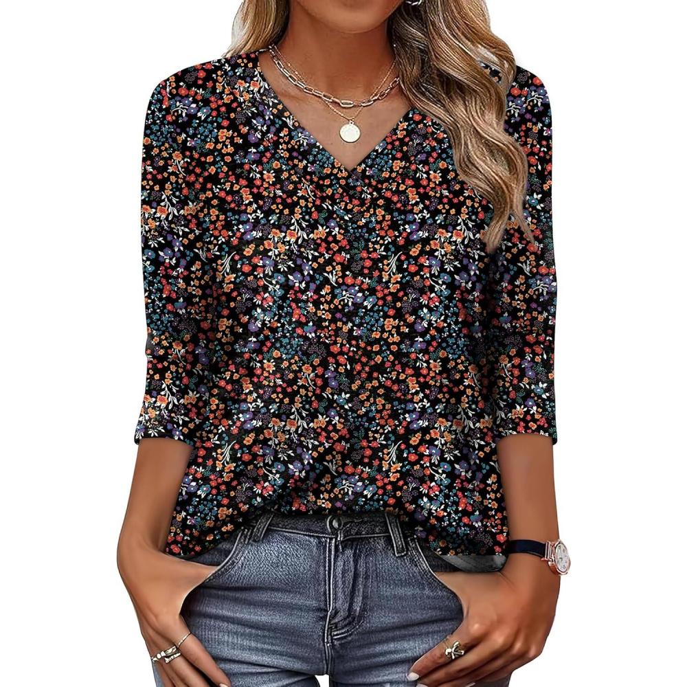image:imageXIEERDUO 34 Length Sleeve Womens Tops V Neck T Shirts Summer Clothes Basic Blouses Dressy Casual 2026 Spring OutfitsPatternedblack Floral