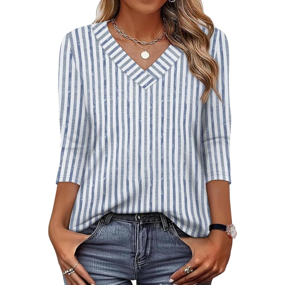 image:imageXIEERDUO 34 Length Sleeve Womens Tops V Neck T Shirts Summer Clothes Basic Blouses Dressy Casual 2026 Spring OutfitsPatternedblue Striped