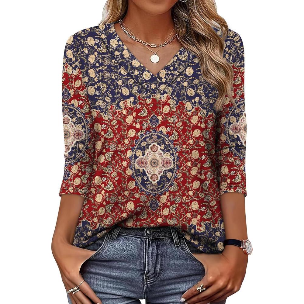 image:imageXIEERDUO 34 Length Sleeve Womens Tops V Neck T Shirts Summer Clothes Basic Blouses Dressy Casual 2026 Spring OutfitsPatternedboho Floral