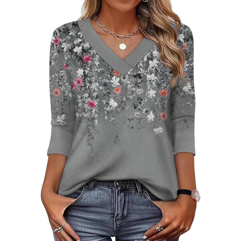 image:imageXIEERDUO 34 Length Sleeve Womens Tops V Neck T Shirts Summer Clothes Basic Blouses Dressy Casual 2026 Spring OutfitsPatternedgrey Floral