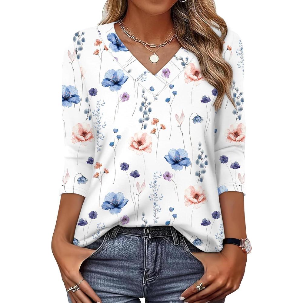 image:imageXIEERDUO 34 Length Sleeve Womens Tops V Neck T Shirts Summer Clothes Basic Blouses Dressy Casual 2026 Spring OutfitsPatternedwhite Floral