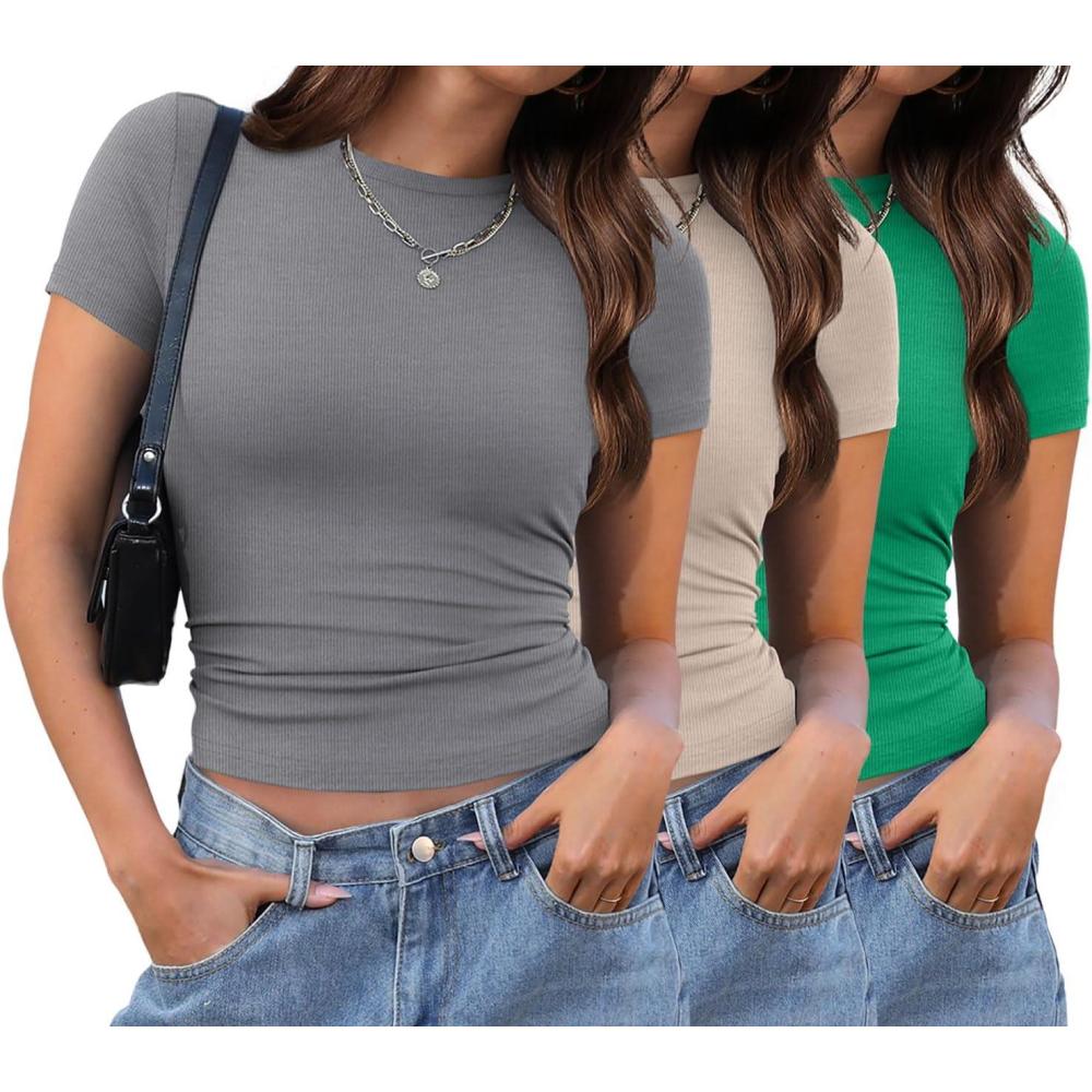 image:imageXIEERDUO Basic Tops for Women Short Sleeve Baby Tees 23 Pack Crew Neck T Shirts Slim Fit Tees3 Pack LightgreyKhakiGreen