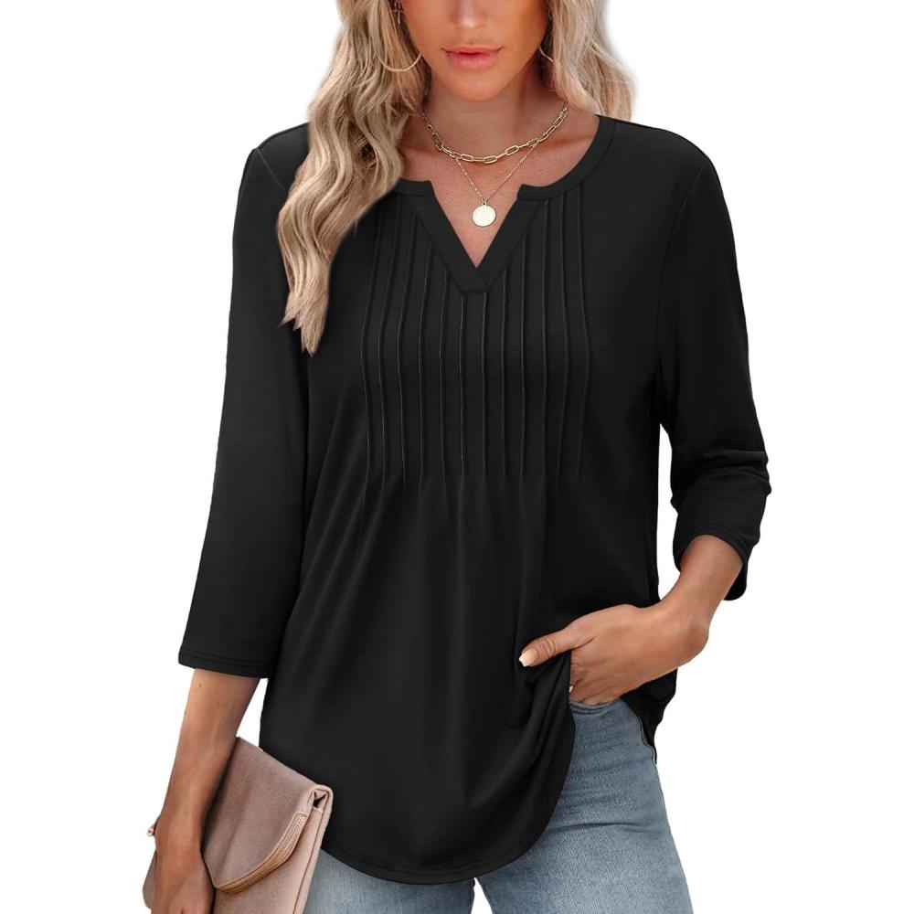 image:imageXIEERDUO Womens 34 Sleeve Tops 2026 VNeck Summer Outfits Casual Pleated Shirts Blouses Beach Vacation Spring ClothesAblack