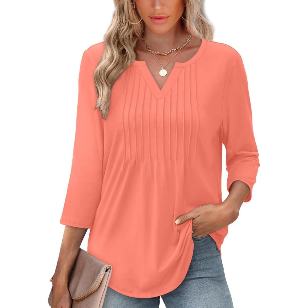image:imageXIEERDUO Womens 34 Sleeve Tops 2026 VNeck Summer Outfits Casual Pleated Shirts Blouses Beach Vacation Spring ClothesAcoral