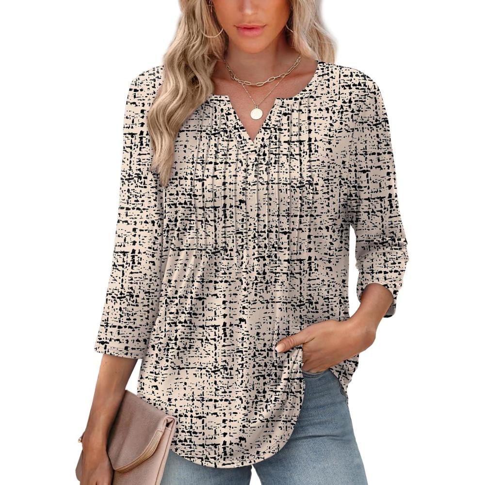 image:imageXIEERDUO Womens 34 Sleeve Tops 2026 VNeck Summer Outfits Casual Pleated Shirts Blouses Beach Vacation Spring ClothesFbeige Black Speckle