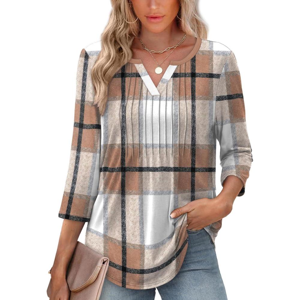 image:imageXIEERDUO Womens 34 Sleeve Tops 2026 VNeck Summer Outfits Casual Pleated Shirts Blouses Beach Vacation Spring ClothesFbrown Blue Plaid