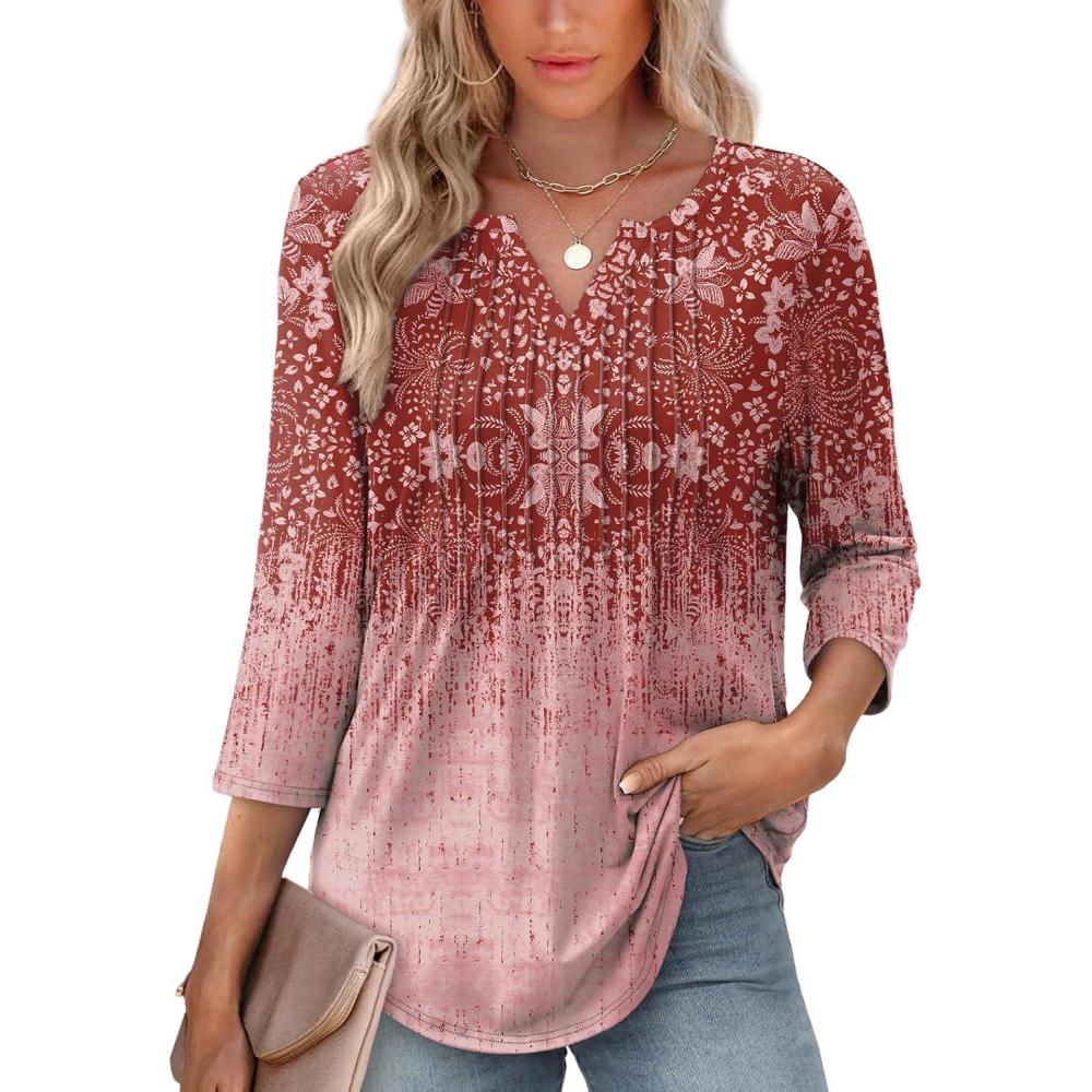 image:imageXIEERDUO Womens 34 Sleeve Tops 2026 VNeck Summer Outfits Casual Pleated Shirts Blouses Beach Vacation Spring ClothesFburgundy Floral