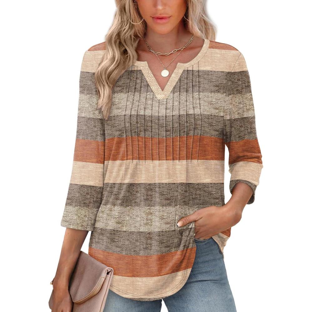 image:imageXIEERDUO Womens 34 Sleeve Tops 2026 VNeck Summer Outfits Casual Pleated Shirts Blouses Beach Vacation Spring ClothesFclay Stripe