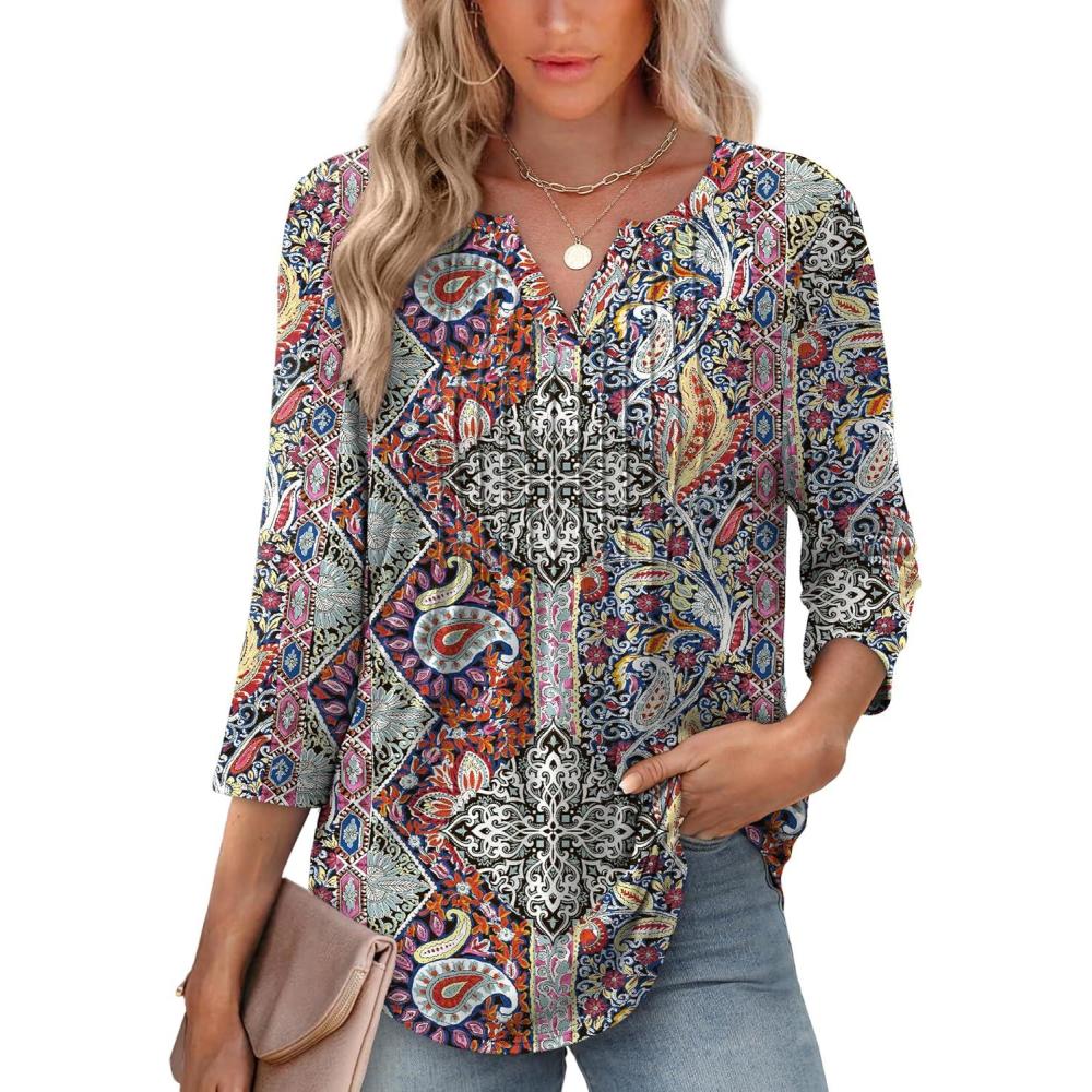 image:imageXIEERDUO Womens 34 Sleeve Tops 2026 VNeck Summer Outfits Casual Pleated Shirts Blouses Beach Vacation Spring ClothesFcolorful Paisley