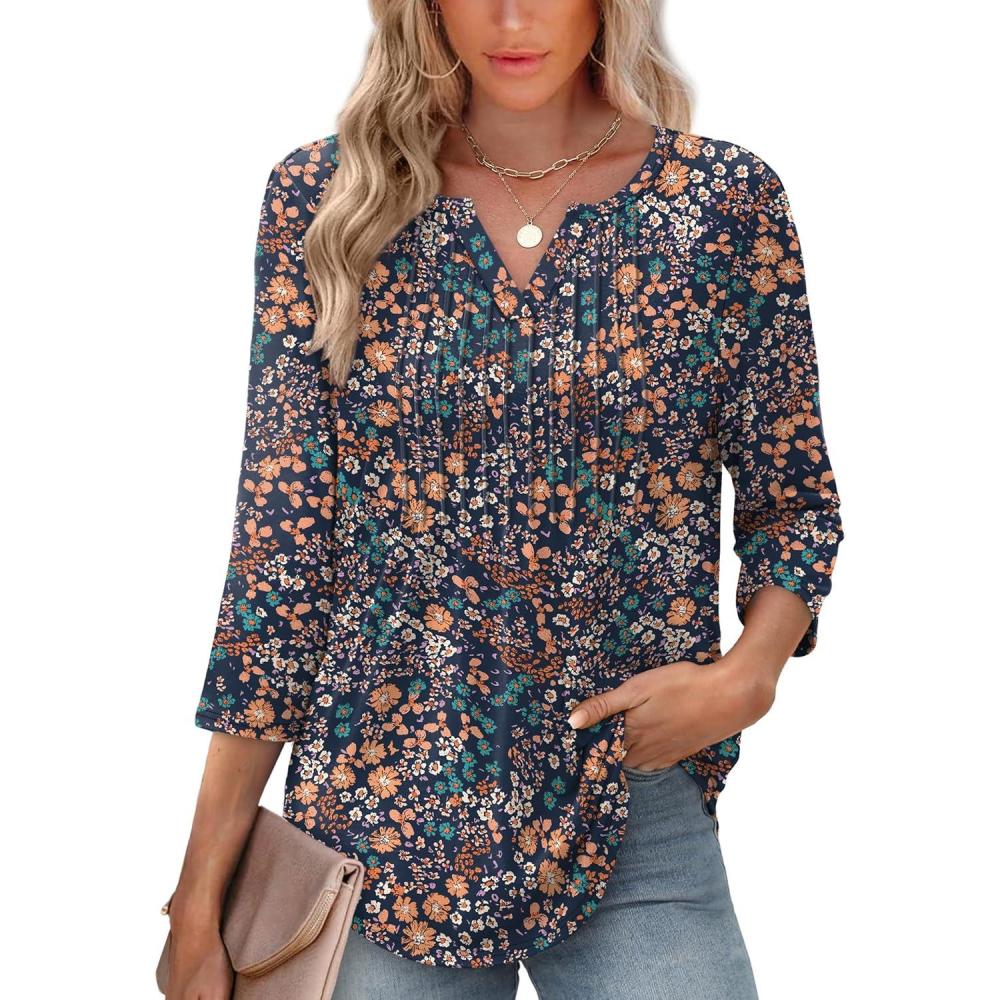 image:imageXIEERDUO Womens 34 Sleeve Tops 2026 VNeck Summer Outfits Casual Pleated Shirts Blouses Beach Vacation Spring ClothesFdark Blue Floral
