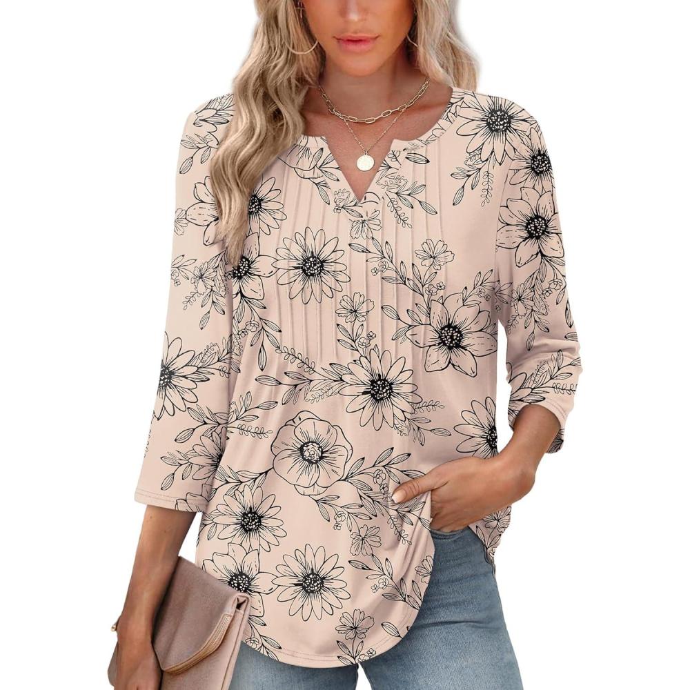 image:imageXIEERDUO Womens 34 Sleeve Tops 2026 VNeck Summer Outfits Casual Pleated Shirts Blouses Beach Vacation Spring ClothesFkhaki Ink Floral