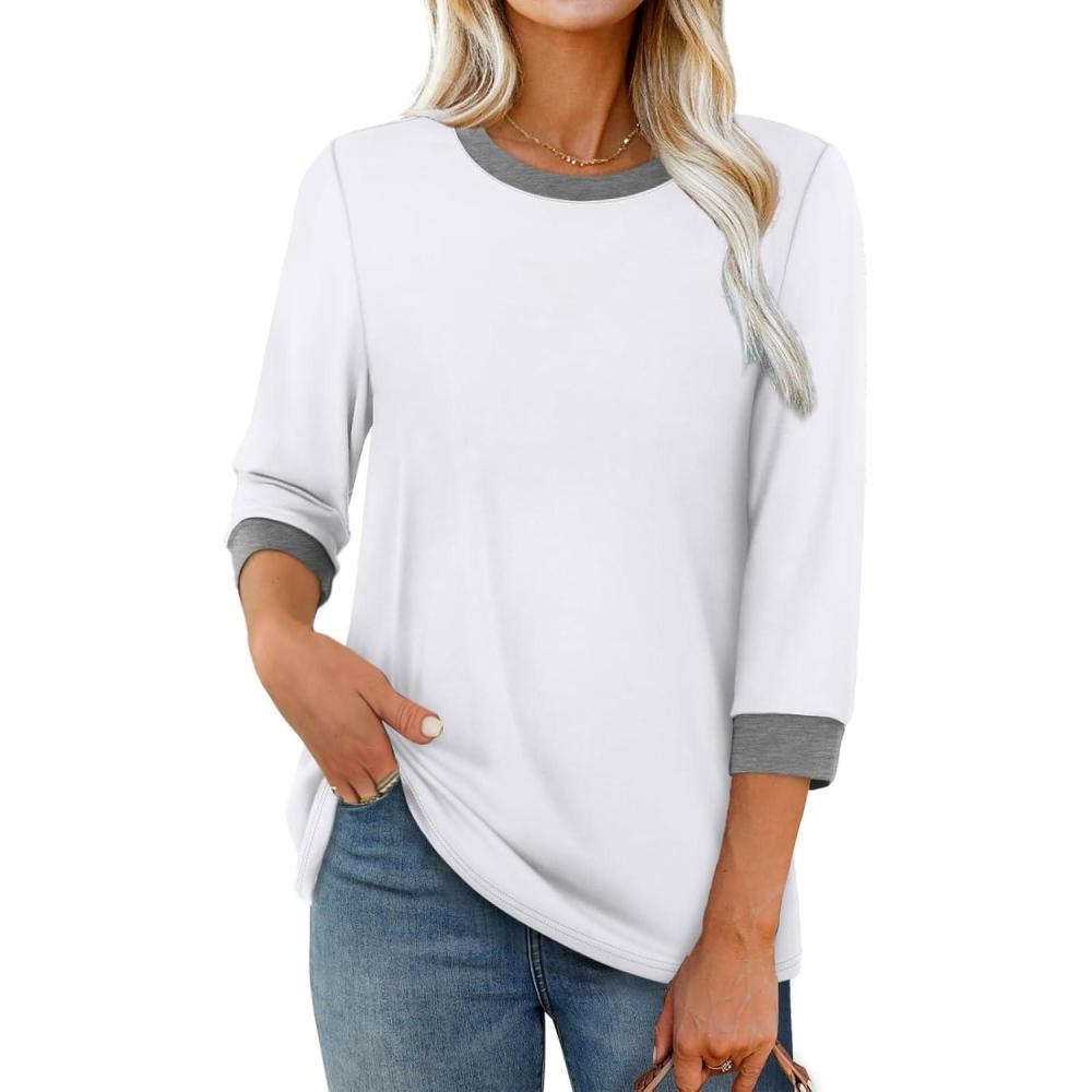 image:imageXIEERDUO Womens T Shirts 34 Length Sleeve Womens Tops Dressy Casual Crew Neck Color Block Tunic Tops0 White